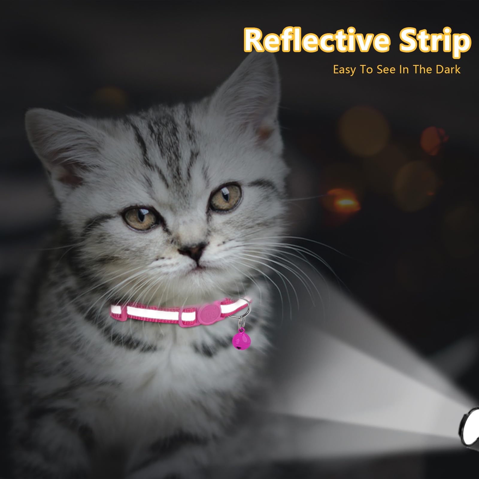 Taglory Reflective Cat Collars Breakaway With Bell, 2 Pack Girl Boy Pet Kitten Collar Adjustable 6-8 Inch, Hotpink