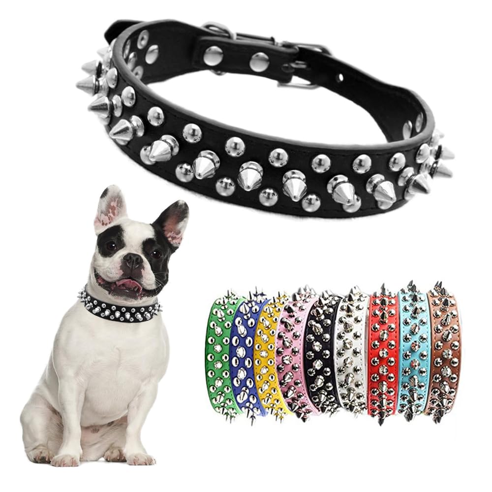 Black Spiked Dog Collar For Small Dogs,Mushroom Rivet Spike Puppy Collars Girls Boys Leather Studded Cat Collar Metal Buckle Dur