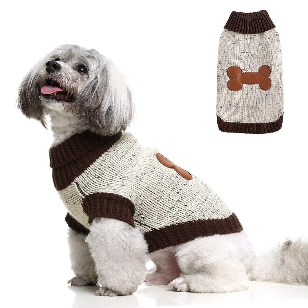 Bingpet Turtle Neck Dog Sweater - Brown Bone Pattern - Puppy Winter Warm Cloth For Small Medium Large Dogs