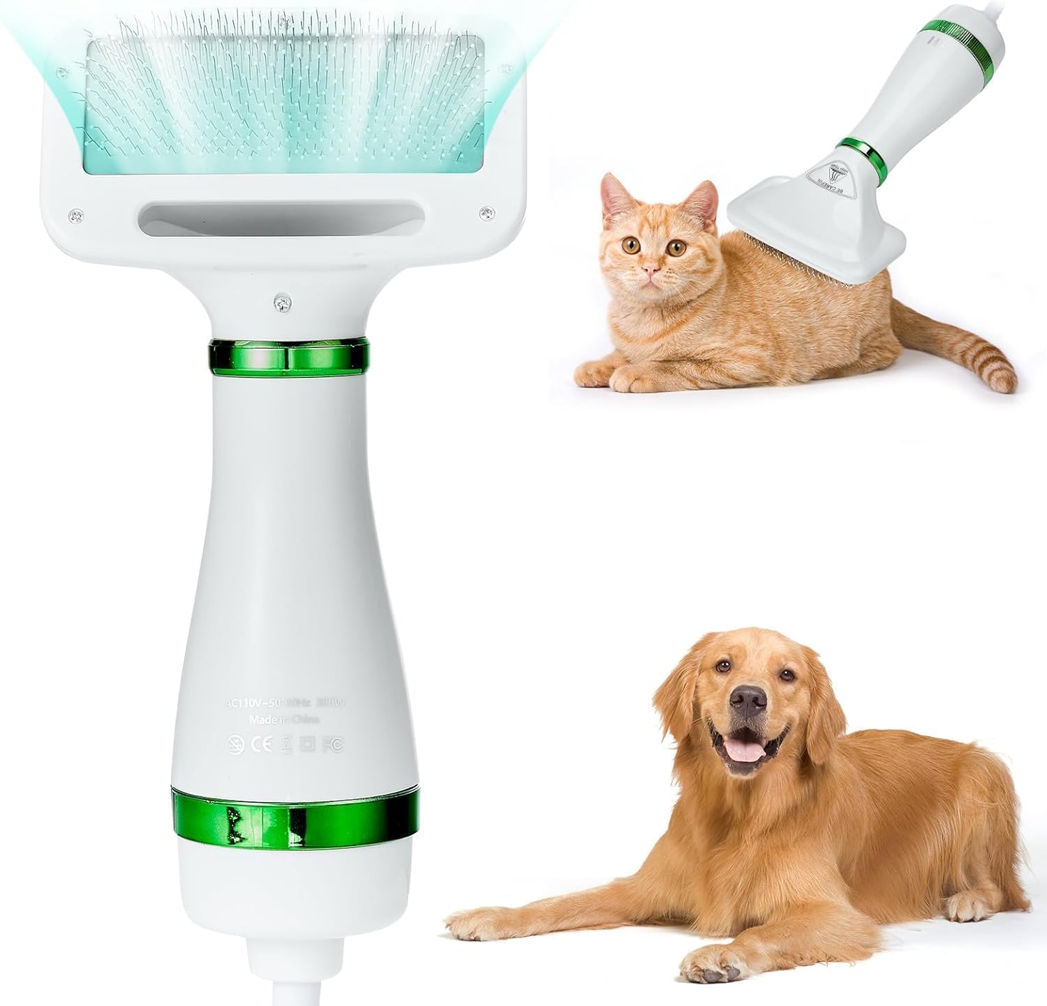 Pet Hair Dryer, 2 In 1 Pet Grooming Hair Dryer With Slicker Brush, Home Dog Hair Dryer With Adjustable Temperatures Settings, Fo