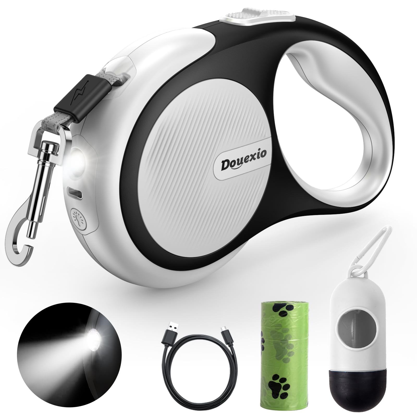 Retractable Dog Leash with LED Flashlight, Douexio Upgrade 3 in 1 Dog Leash Retractable for Small Medium Dogs Up to 66 lbs, Anti