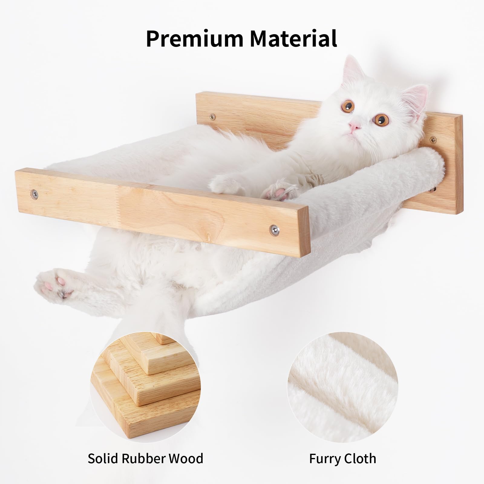 Fukumaru Cat Hammock Wall Mounted, Kitty Beds And Perches, Wooden Cat Wall Furniture, Stable Cat Wall Shelves For Sleeping, Playing, Climbing, And Lounging, White Flannel Cat Shelves