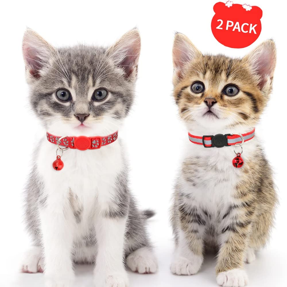 Taglory Reflective Cat Collars Breakaway With Bell, 2 Pack Girl Boy Pet Kitten Collar Adjustable 6-8 Inch, Red