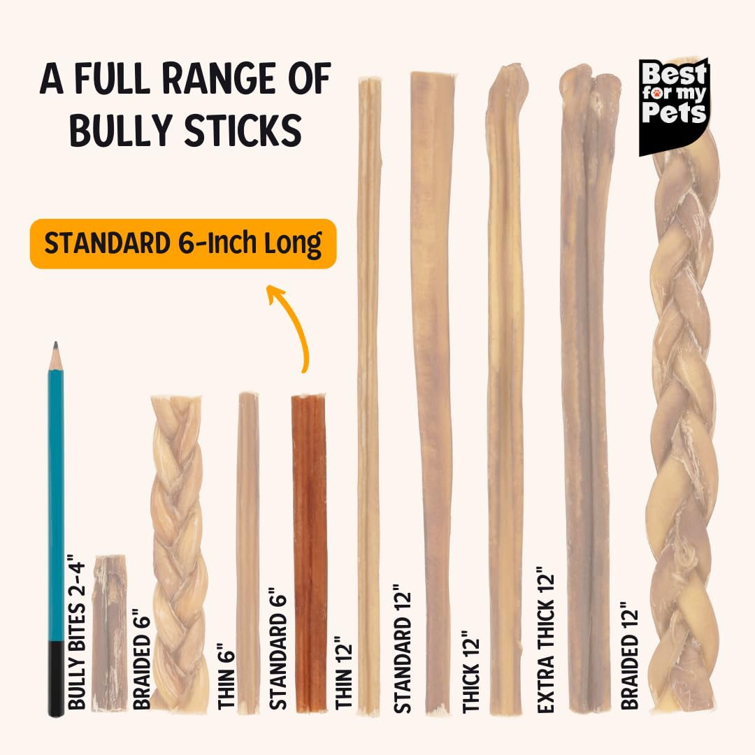 Best For My Pets 6-Inch Odor-Free Beef Bully Sticks, 8 oz Bag - Single-Ingredient, Long-Lasting Natural Dental Dog Chews, USA-In