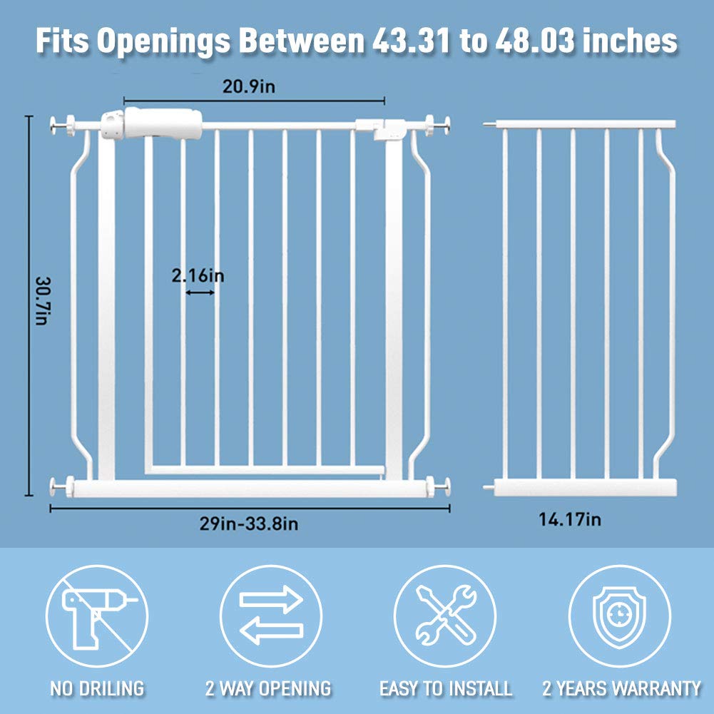 Allaibb Extra Wide Pressure Mount Baby Gate Auto Close White Metal Child Dog Pet Safety Gates With Walk Through For Stairs,Doorways,Kitchen And Living Room 24.02-81.80 In (43.31-48.03'/110-122Cm)
