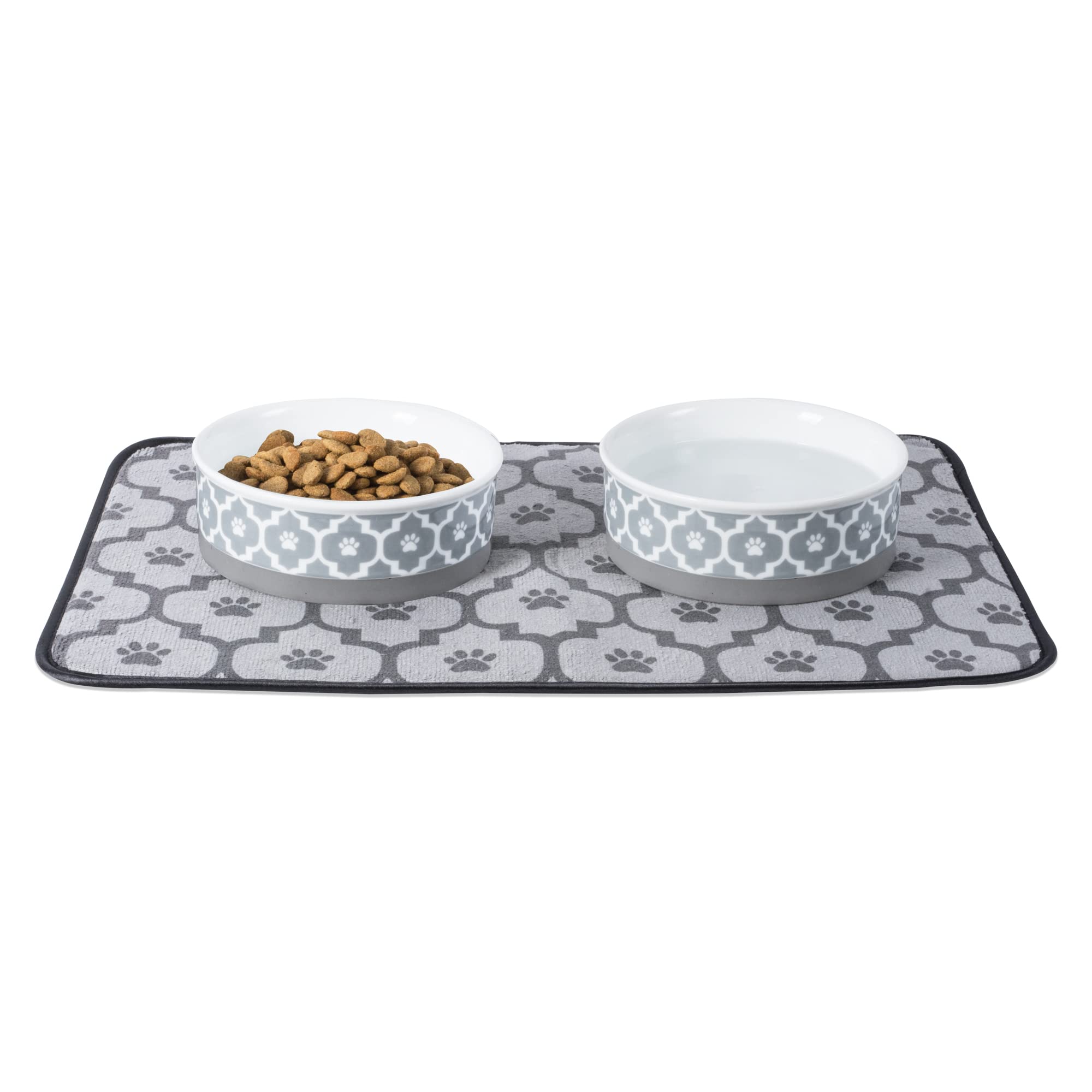 Bone Dry Paw Print Ceramic Pet Bowl, Lattice Collection, Medium Set, 6x2, Gray, 2 Count