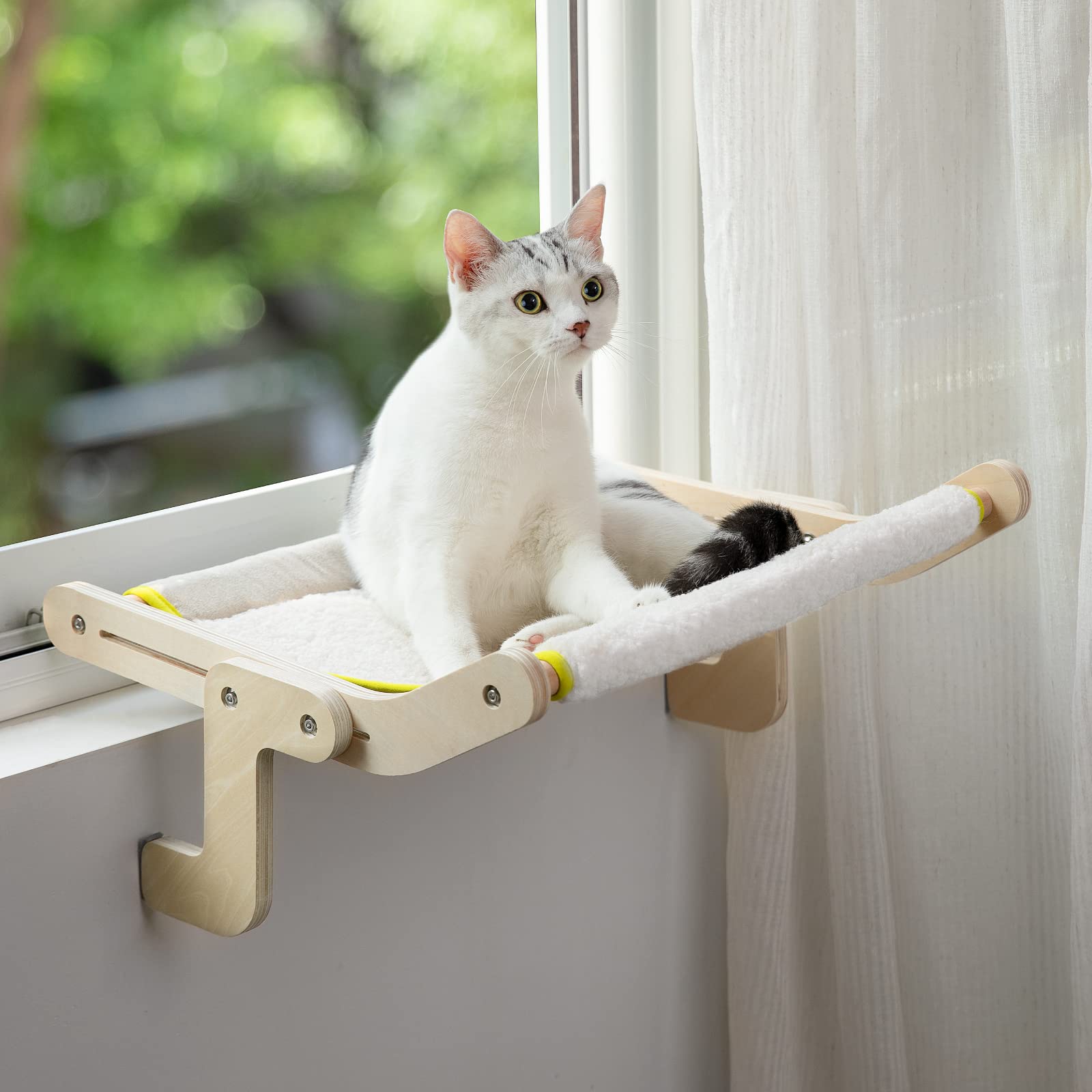 Mewoofun Sturdy Cat Window Perch Hammock - Reversible Mat, No Suction, No Drilling - Holds Up To 40Lbs (Beige)