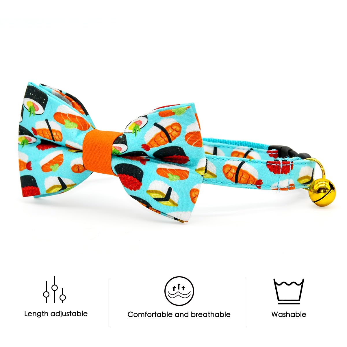 Sushi Cat Collar Bow Tie, Breakaway Safety Plastic Buckle, Bowtie Collar For Kitten (8''-13'')