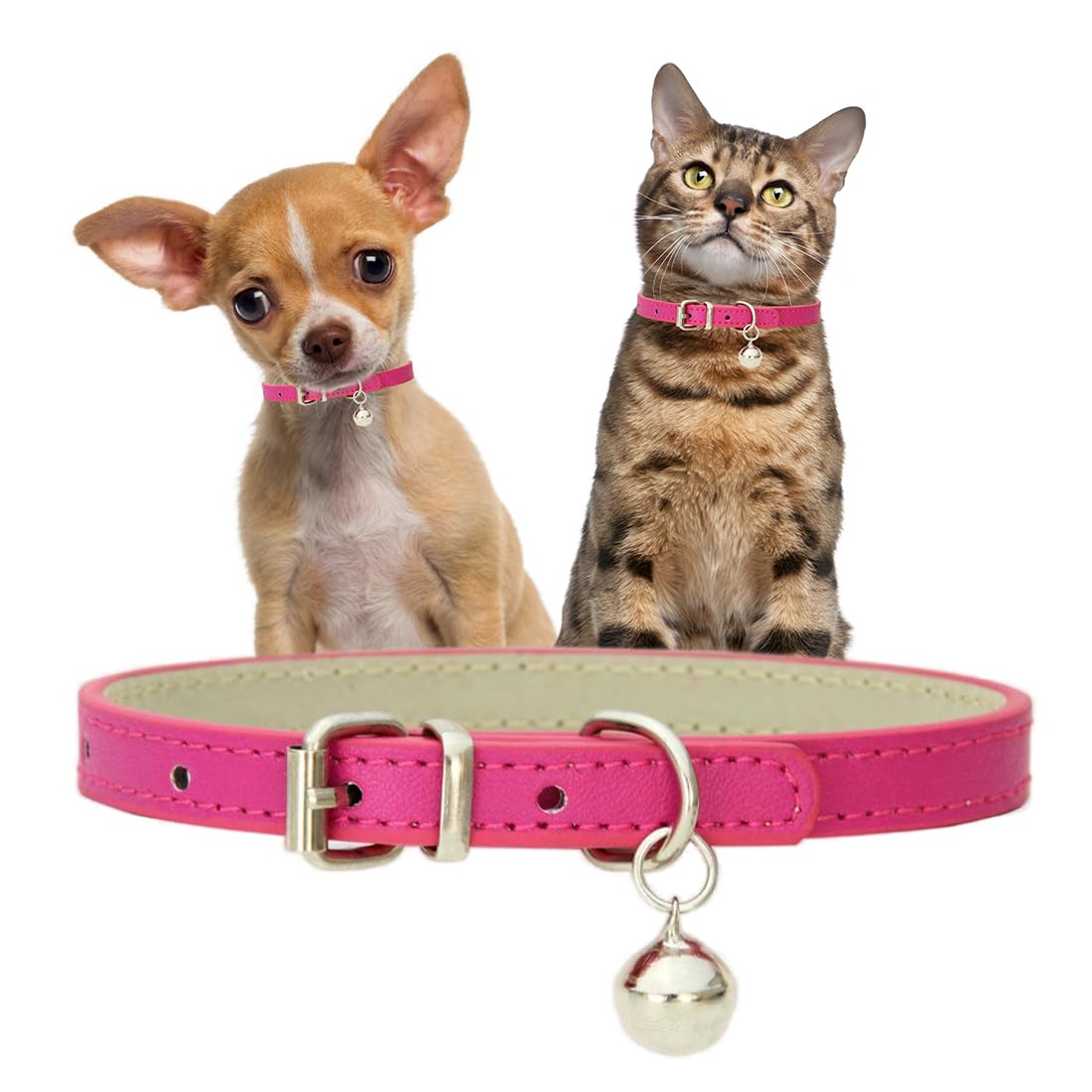 Puppy Collar with Bell, Hot Pink Faux Leather Kitten Collar with Bells Pu Basic Girl Dog Collars for XXS XSmall Small Medium Pet