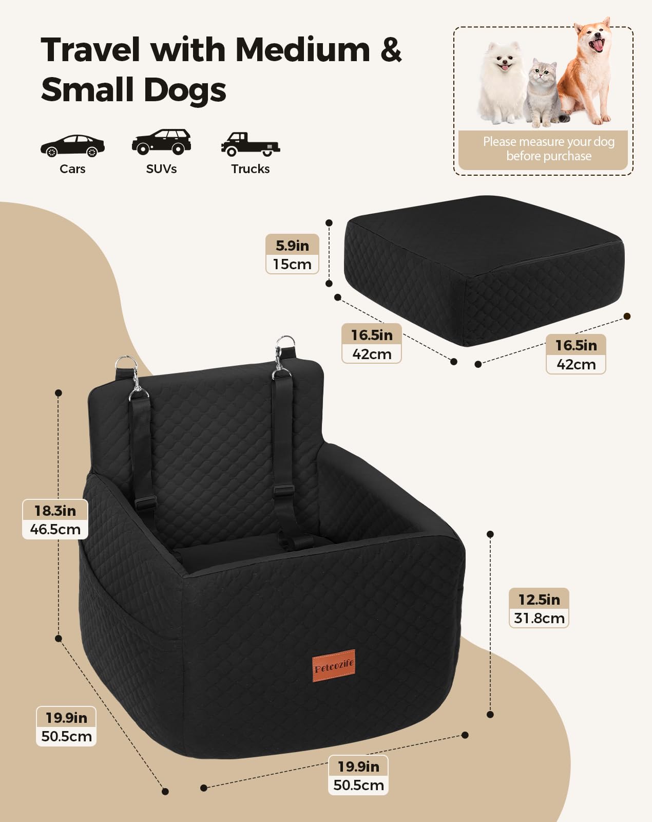 Petcozife Dog Car Seat for Small & Medium Dogs, Washable, 20.86"L x 21.06"W x 17.71"H, Black, Includes Safety Belts &