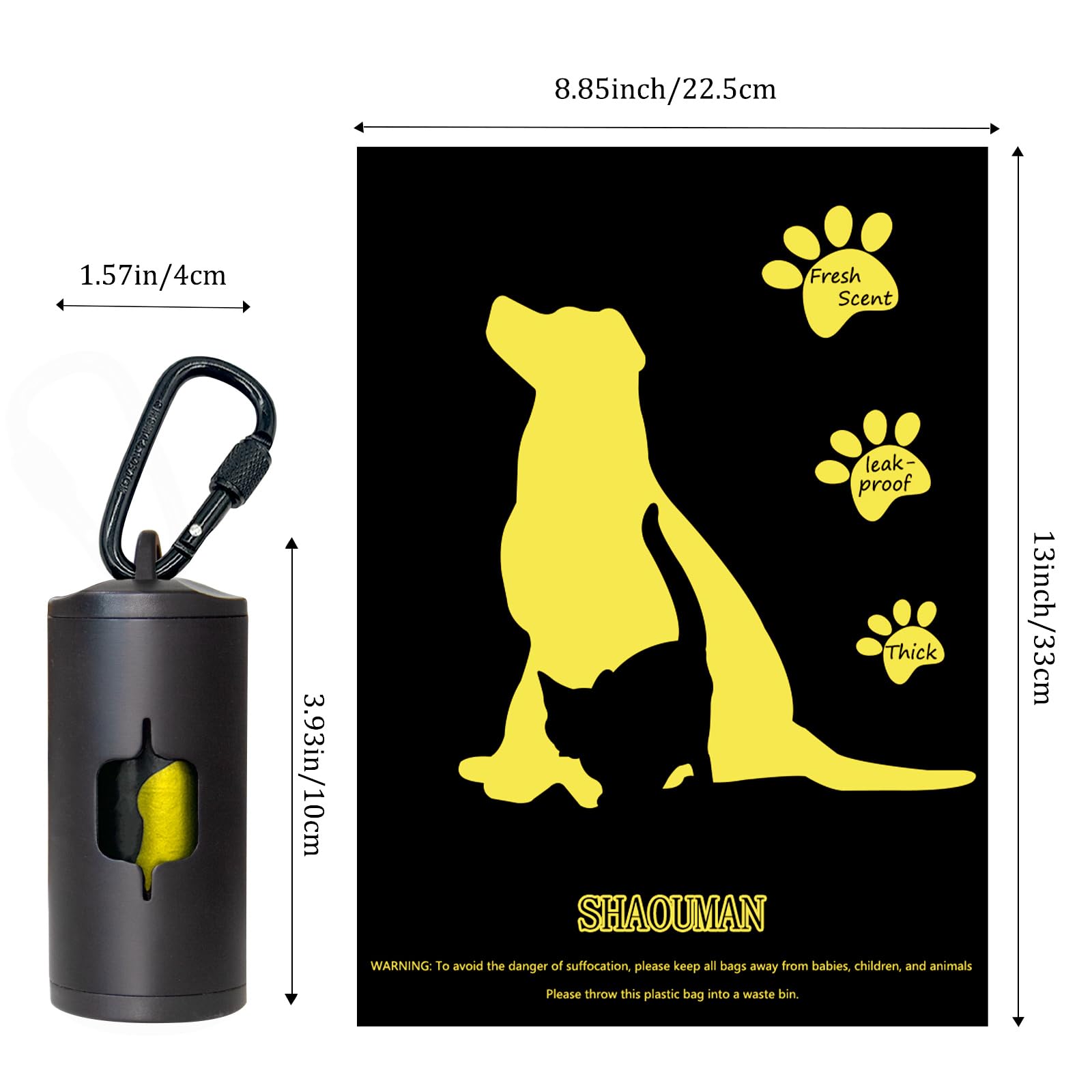 Metal Dog Poop Bags Holder|Aluminum Poop Bags Dispenser with 15 Black Pet Waste Bags 3 Leash Clasp and Elastic Rope