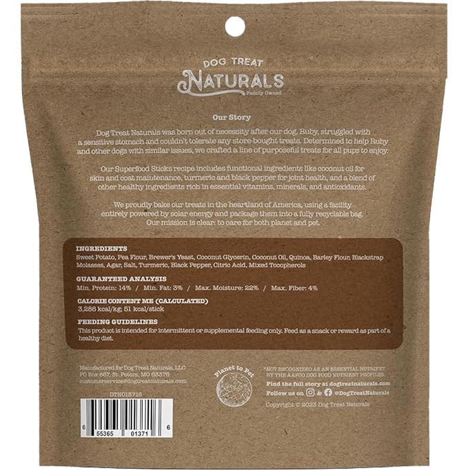 Dog Treat Naturals Sweet Potato & Quinoa Superfood Sticks for Dogs | Premium Training Treats | with Turmeric for Joint Health |