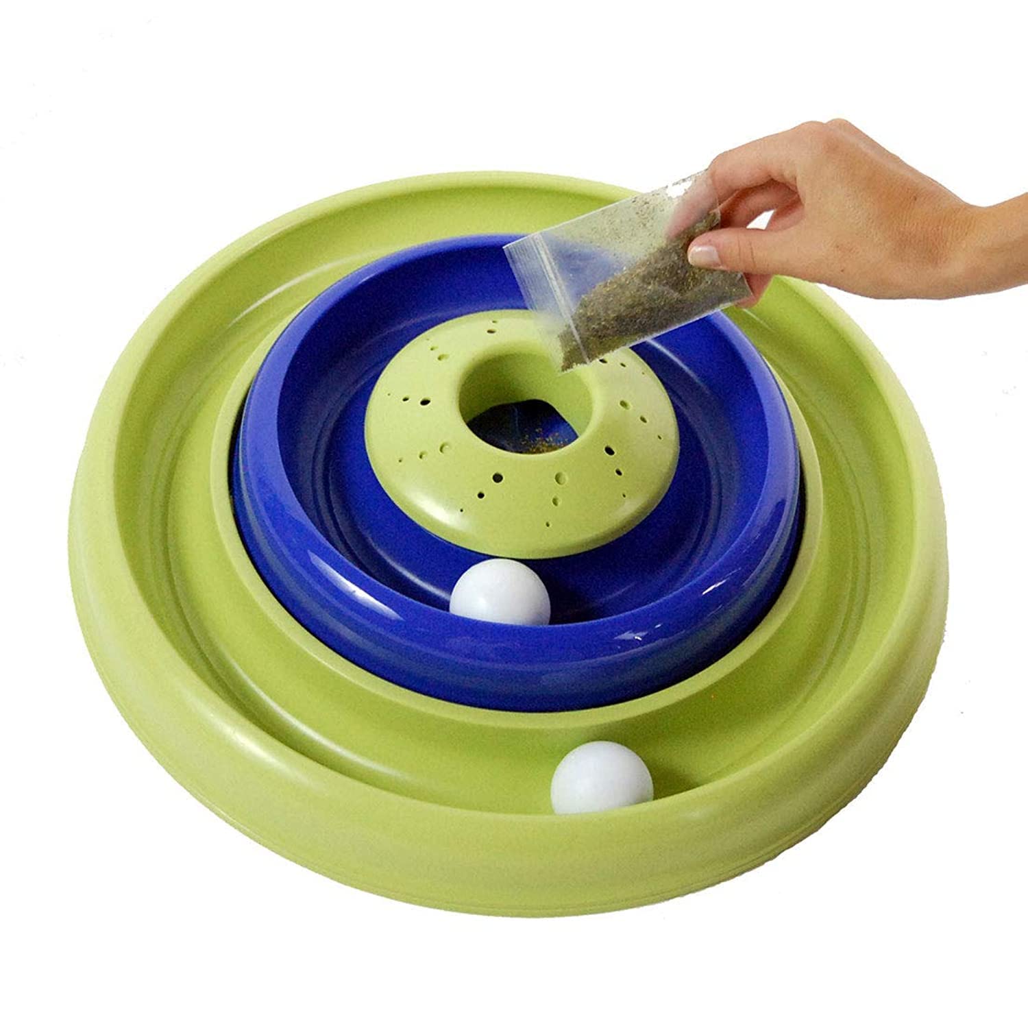 Coastal Pet Turbo Catnip Hurricane Cat Toy - Interactive Double Cat Toy Ball Track - For Cats And Kittens - Green And Blue - 16'
