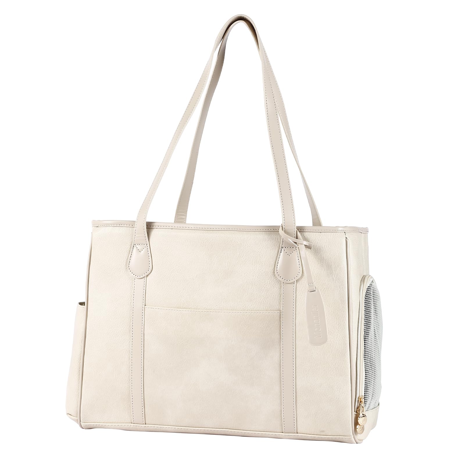 Monanller Stylish Dog Purse Carrier, Leather Pet Carrier Bag For Small Dogs Cats Puppy, Airline Approved Soft-Sided Carrier Beig