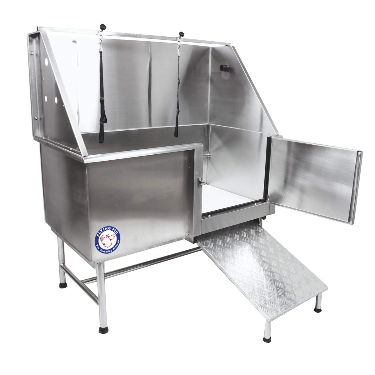 Flying Pig 50'' Stainless Steel Pet Dog Grooming Bath Tub With Walk-In Ramp & Accessories (Right Door/Left Drain)