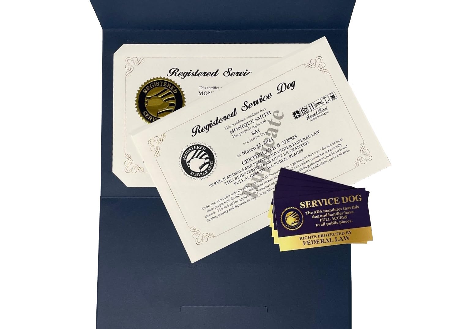 Official Registered Service Dog Certificate – Customized Certificate – Duplicate Copy - Registered Animal Documents Certificate Folder – Five Service Dog Law Handout Cards