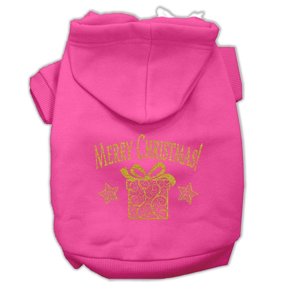 Christmas Pet Dog & Cat Hoodie Screen Printed, 'Golden Christmas Present' Bright Pink Xs (0-3 Lbs.)