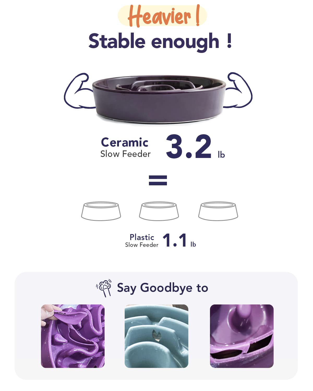 LE TAUCI Ceramic Slow Feed Dog Bowls, Elevated for Small and Medium Breed Dogs, Anti-Gulping Pet Feeding Dishes, Maze Purple, 1.