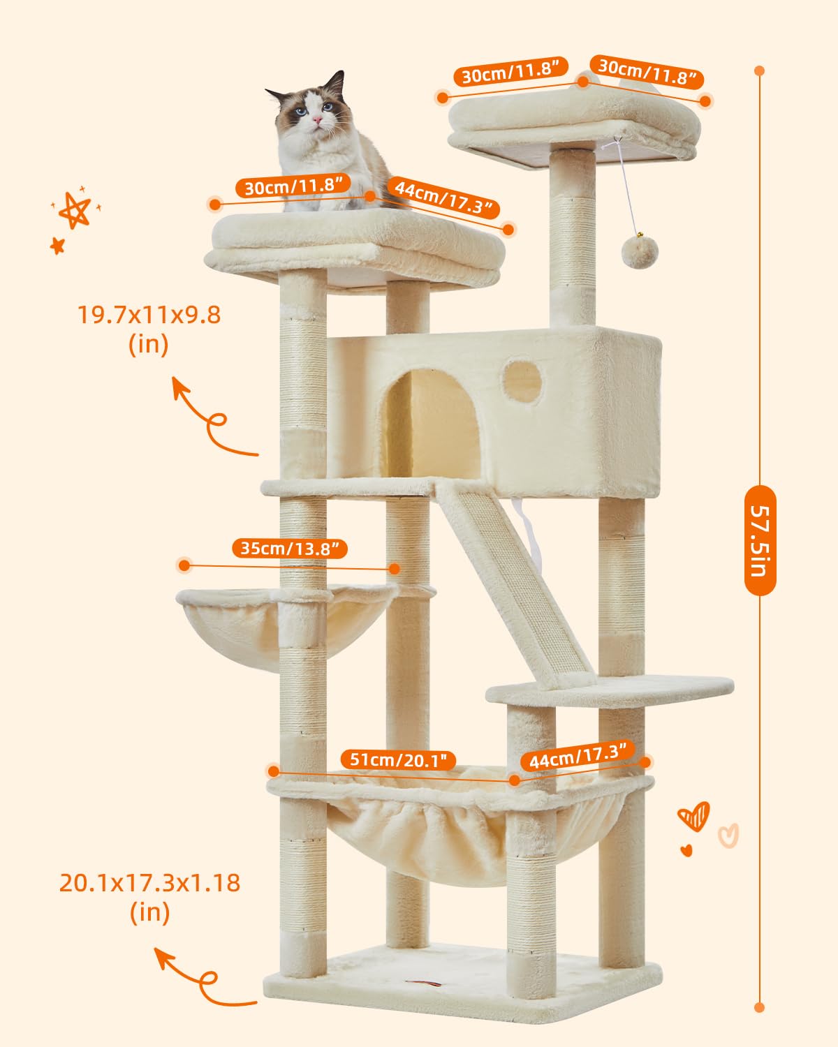 Taoqimiao Cat Tree 57.5-Inch, Cat Tower for Indoor Cats Large Adult, Extra Large Cat Condo, 8 Sisal Scratching Posts, Metal Fram