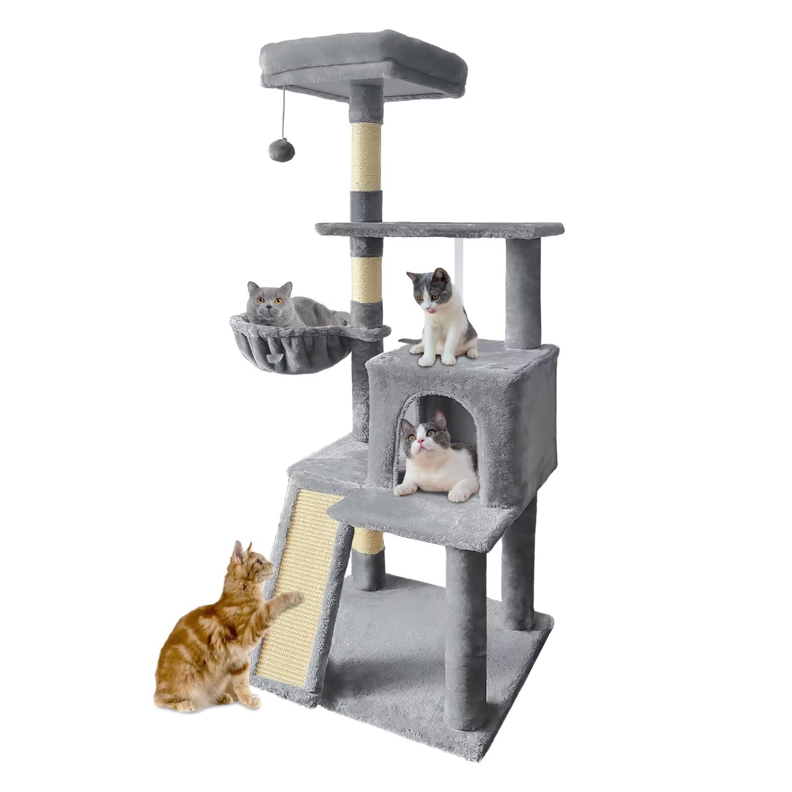 Pempet 57'' Cat Tree Tower For Indoor Cats, Multi-Level Cat Tower Condo With Sisal Scratching Post (Light Gray)