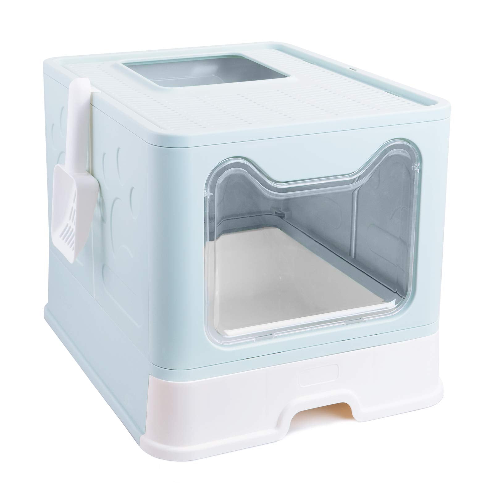 Petphabet Cat Litter Box, Square Foldable Jumbo Hooded Cat Litter Box With Plastic Scoop (Blue)