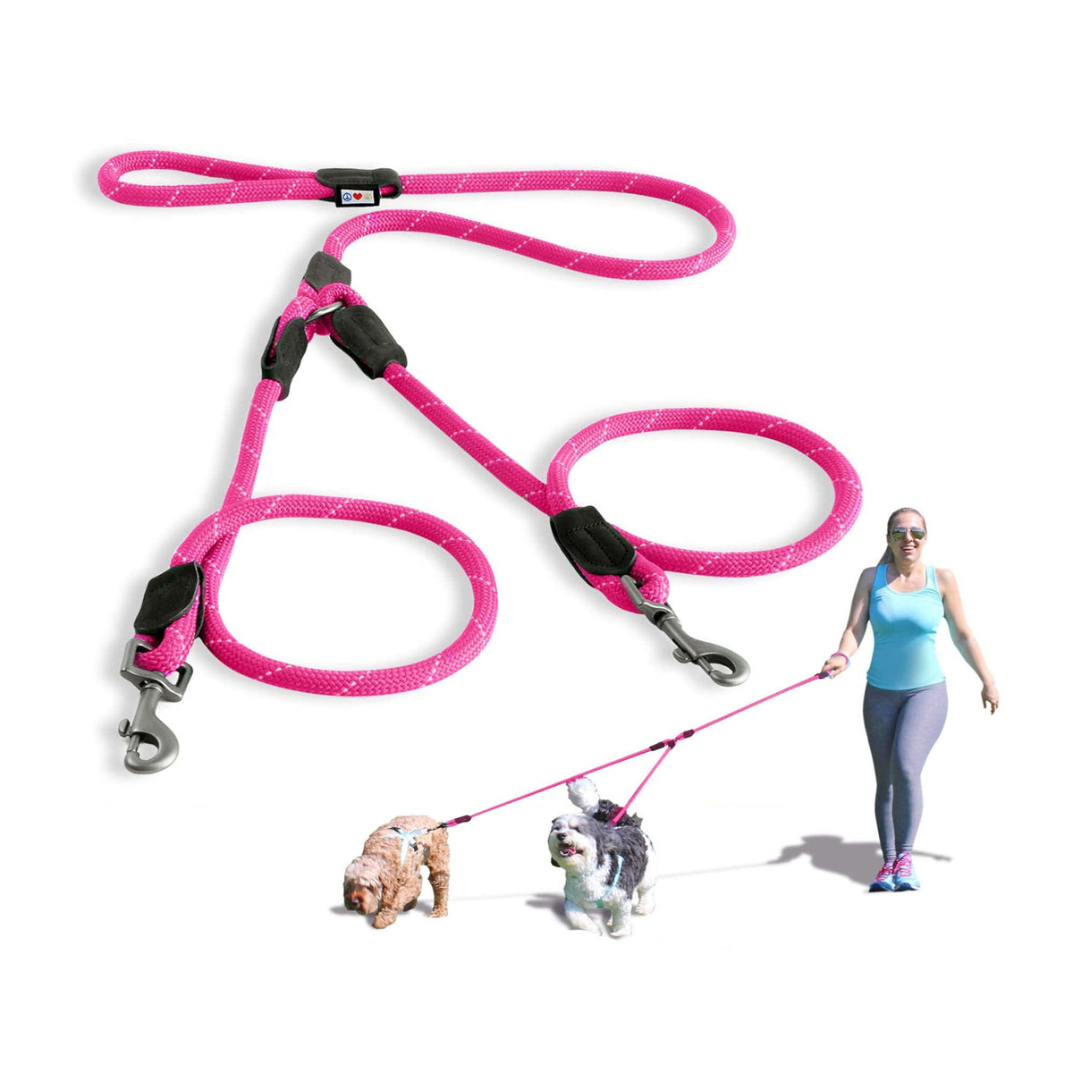 Pawtitas Double Leash For Two Dogs Great For Walking & Training Comfortable Shock Absorbing Reflective Pet Rope Leash For 2 Dogs 6Ft - Medium/Large - Pink