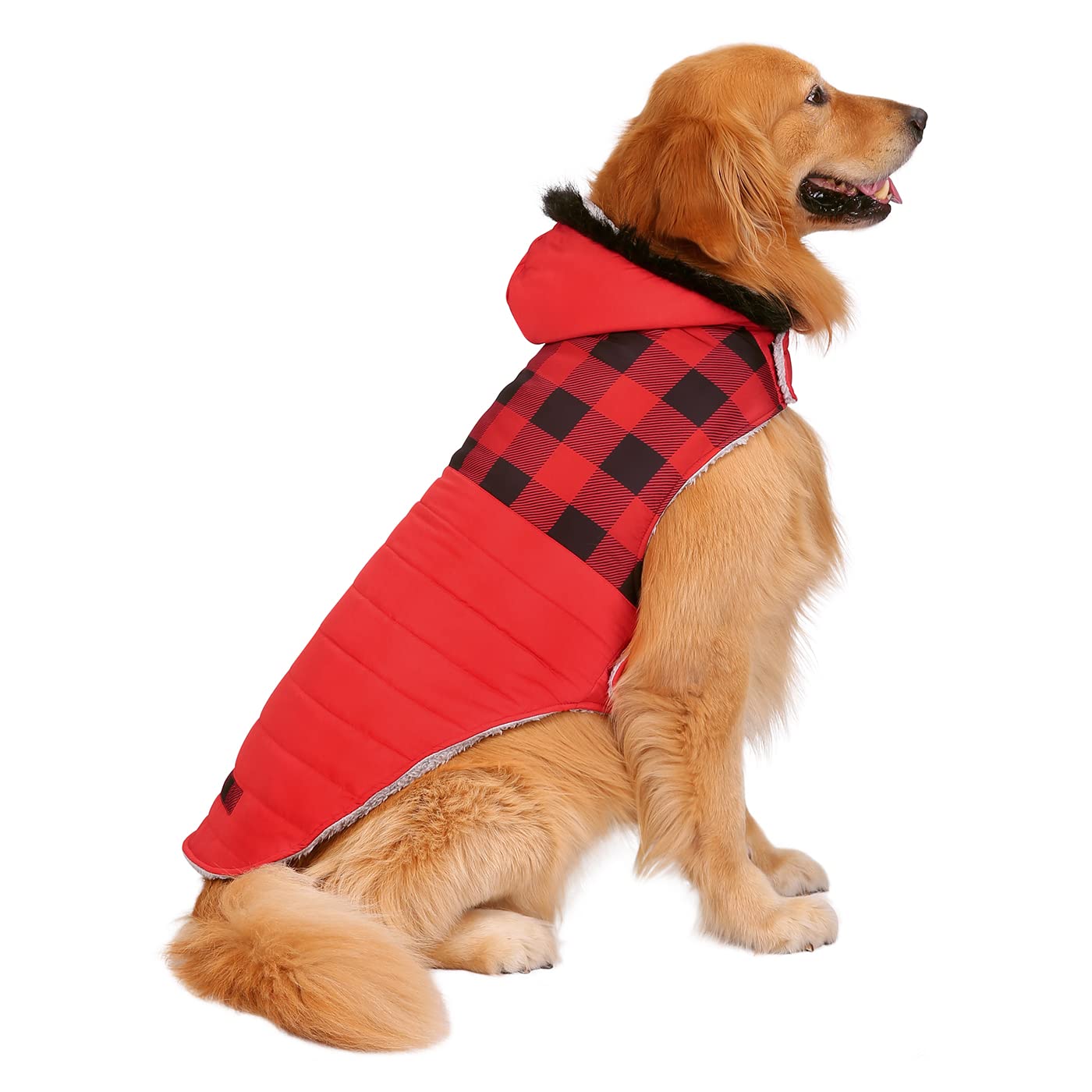 Hde Dog Puffer Jacket Fleece Lined Warm Dog Parka Winter Coat With Harness Hole Buffalo Plaid - Xxl