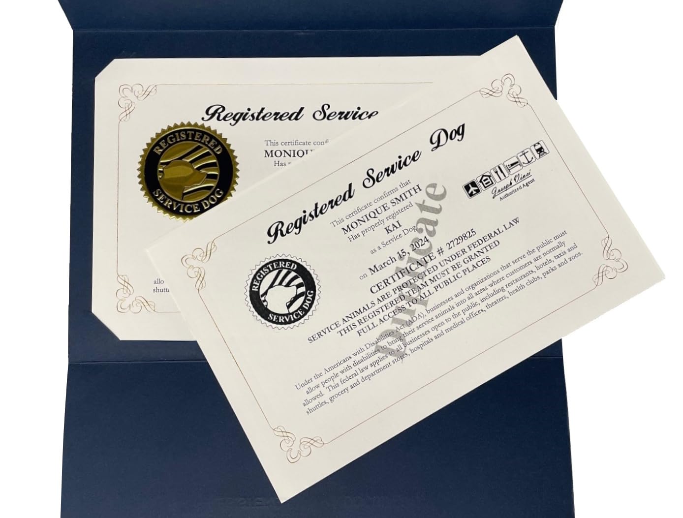 Official Registered Service Dog Certificate – Customized Certificate – Duplicate Copy - Registered Animal Documents Certificate Folder – Five Service Dog Law Handout Cards