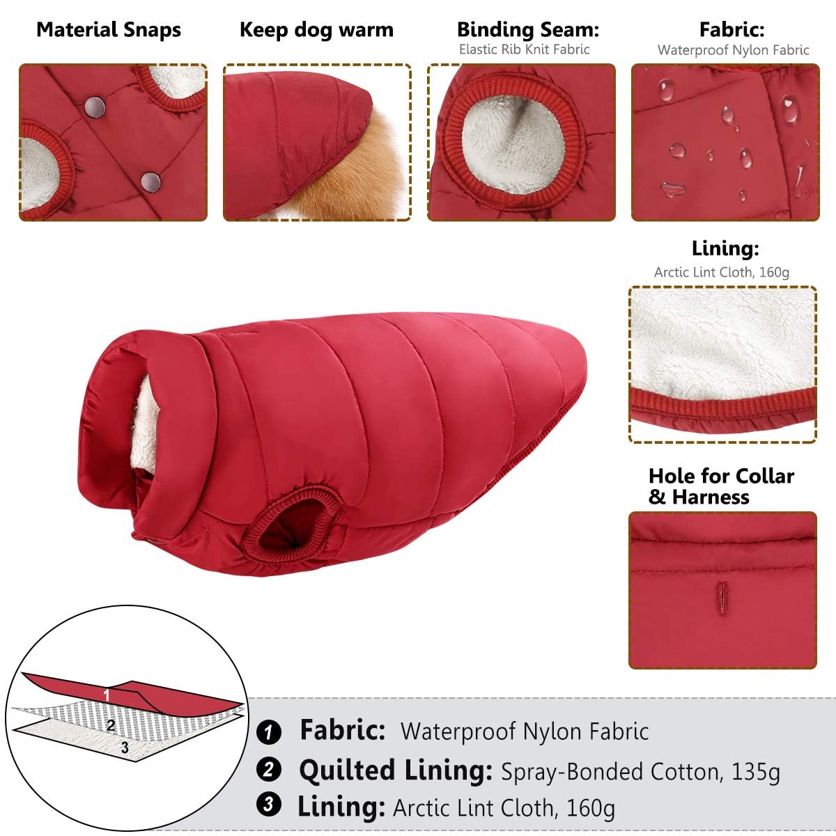 Asenku Windproof Winter Coat - Waterproof Jacket, Warm Vest For Cold Weather - 2 Layers Fleece Lined Pet Apparel For Small Mediu