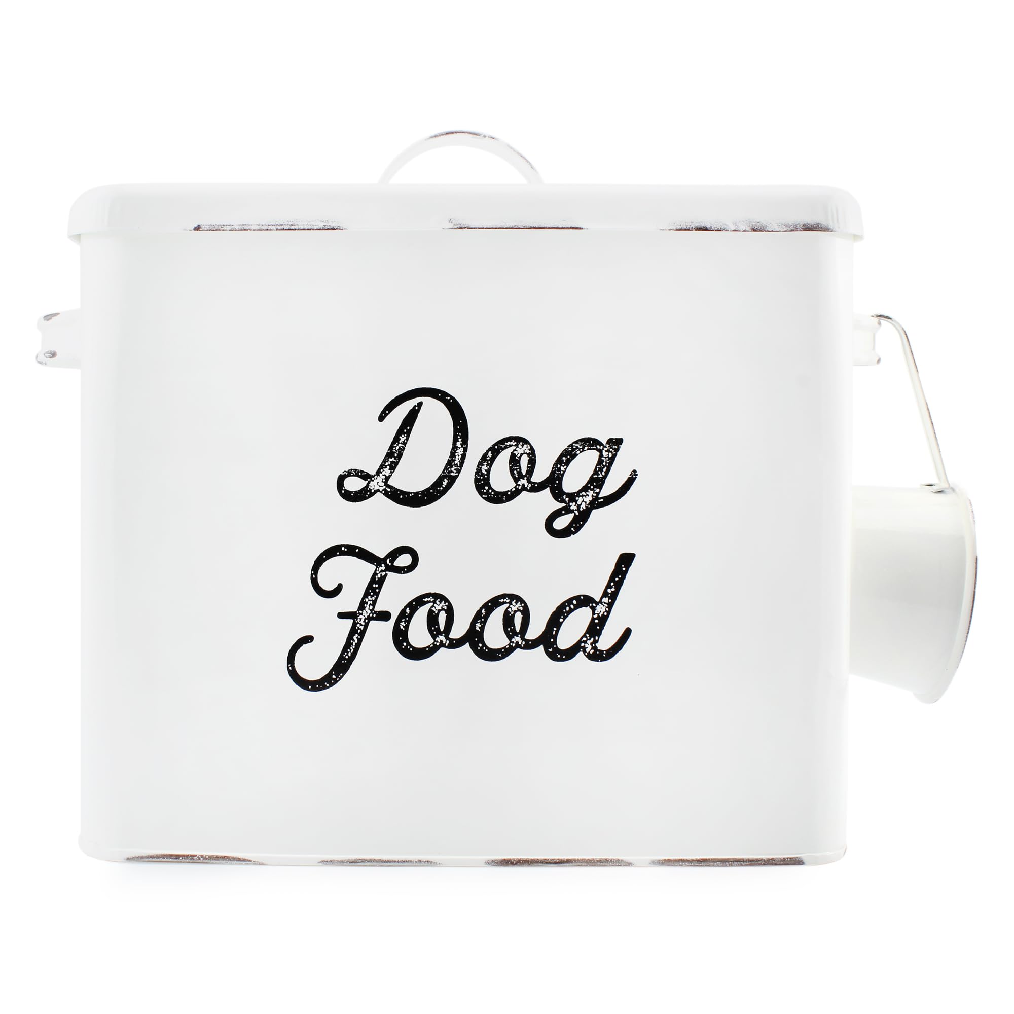 AuldHome Rustic Dog Food Canister; White Farmhouse Style Storage Bin for Small Dogs