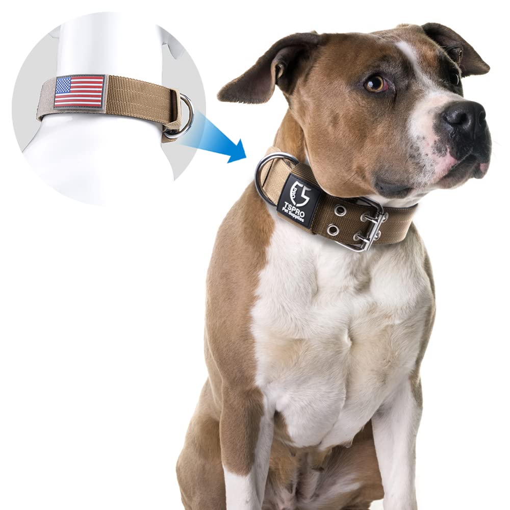 Tspro 1.5Inch Tactical Dog Collar Military Strong Dog Collar Working K9 Dog Collar With Metal Buckle And Usa Flag Patch For Medium Large Dogs(Khaki-M)