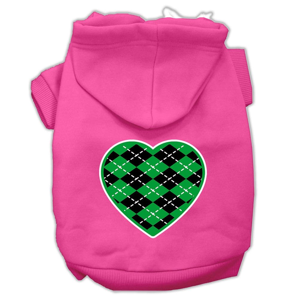 Pet Dog & Cat Hoodie Screen Printed, 'Green Argyle Heart' Bright Pink Lg (10-14 Lbs.)