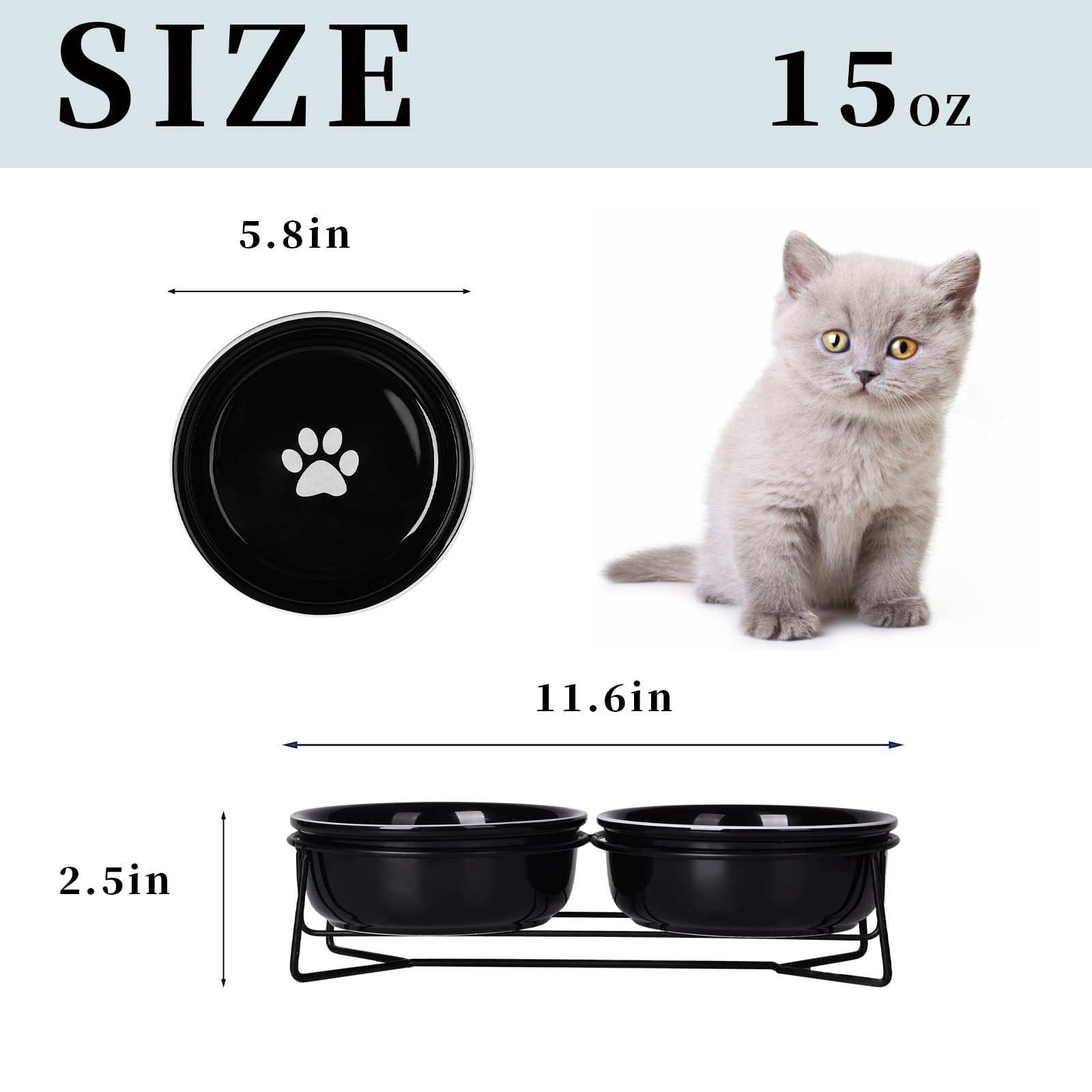 Gdcz Ceramics Raised Cat Small Dog Bowls With Heighten Metal Stand,15 Ounces (Black)
