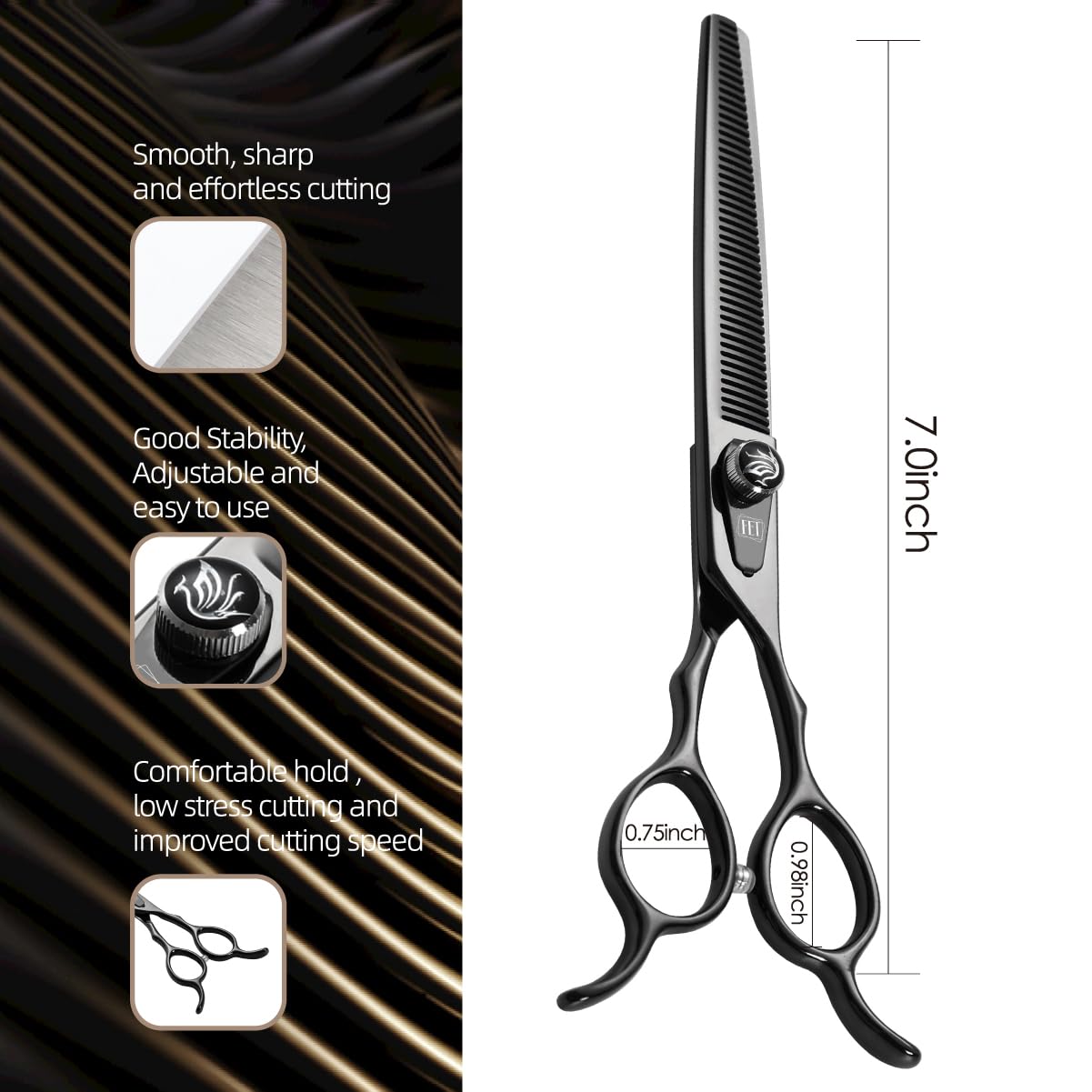 Fenice Totem Dog Grooming Scissors: 7.5 Inch Bright Black Professional Pet Curved Chunker Shears Made Of Japanese 440C Advanced