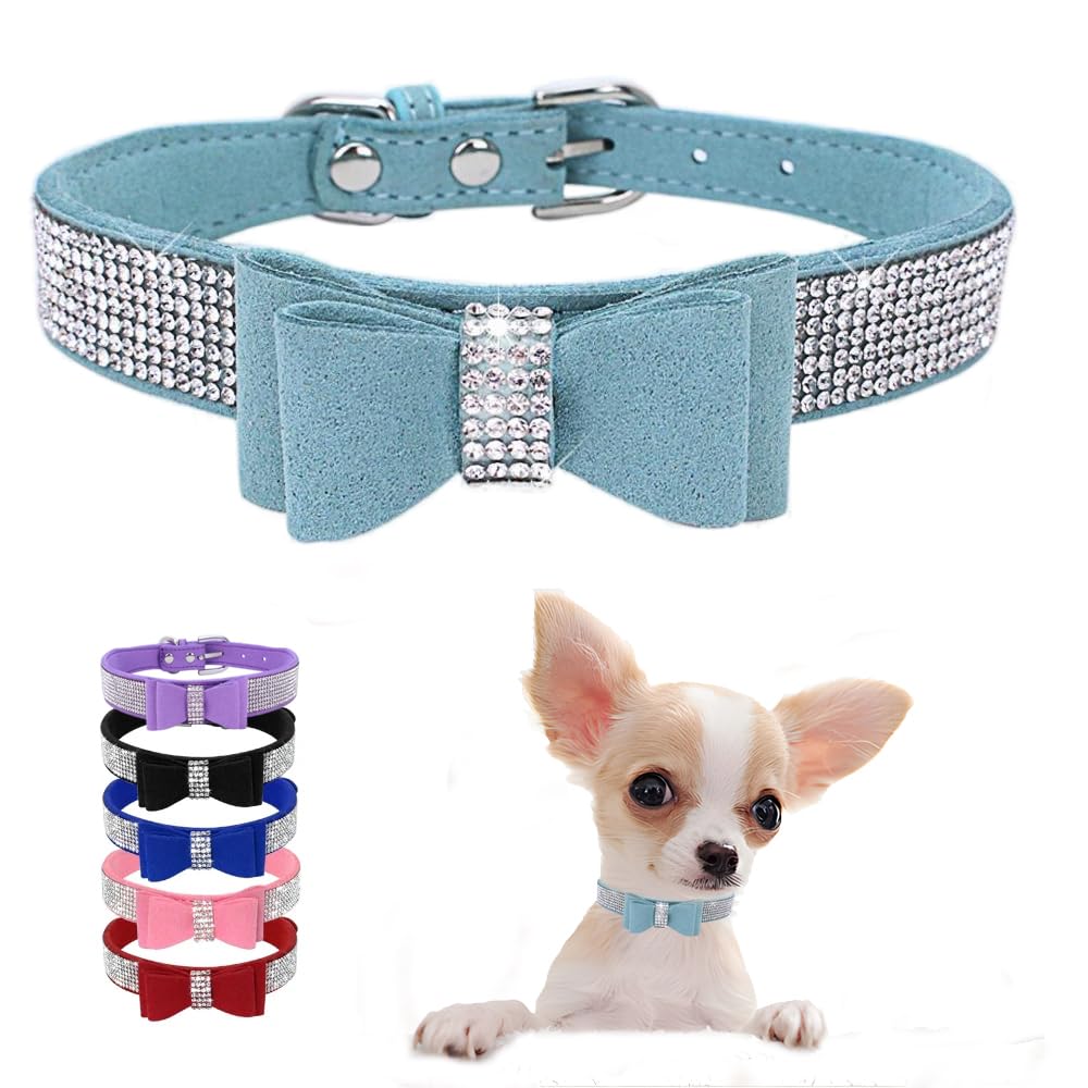 Blue Rhinestone Puppy Collar With Bow, Girl Bling Cat Collars Diamond Female Fancy Sparkly Jewelry Cute Adjustable For Xxs Xs Sm