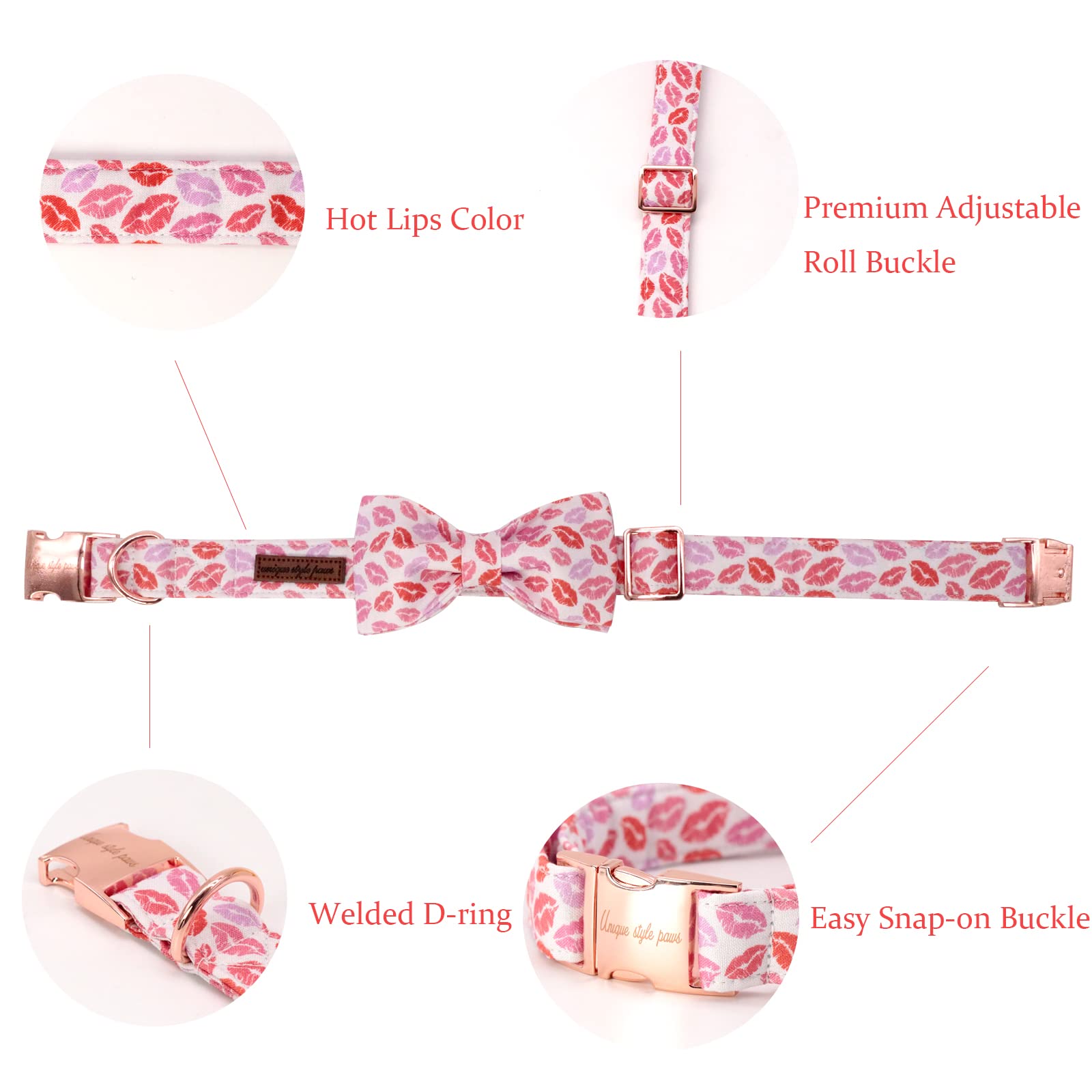 Unqiue Style Paws Valentine'S Lips Dog Collar, Soft And Cute Dog Bow Tie, Holiday Durable Pet Collar With Bow Adjustable Collar For X-Small Puppy