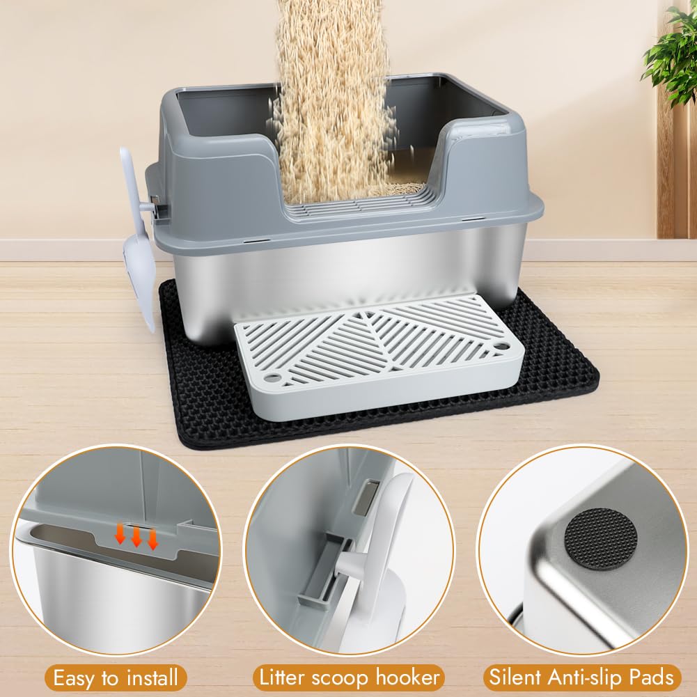 Vivifying Stainless Steel Cat Litter Box, Large Semi-Enclosed Litter Box With Lid, Anti-Leakage Metal Pan For Easy Cleaning & Od