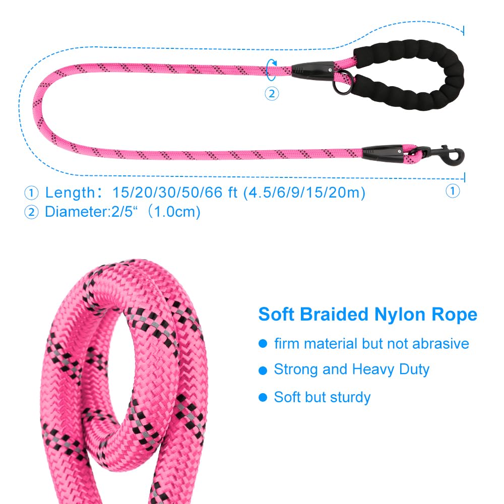 Plutus Pet Long Rope Dog Leash, With Comfortable Padded Handle, Reflective Nylon Heavy Duty Rope Leash, 15Ft 20Ft 30Ft 50Ft 66Ft Dog Training Leash For Small Medium Large Dogs (50Ft, Pink)