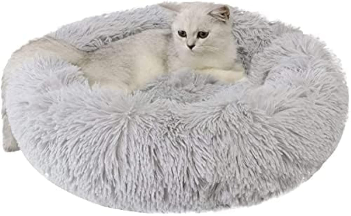 Cat Beds For Indoor Cats - Cat Bed Washable 24 Inches, Dog Beds For Small Medium Dogs, Anti Anxiety Round Fluffy Plush Faux Fur Cat Bed, Thick Bottom (Light Grey, Large)