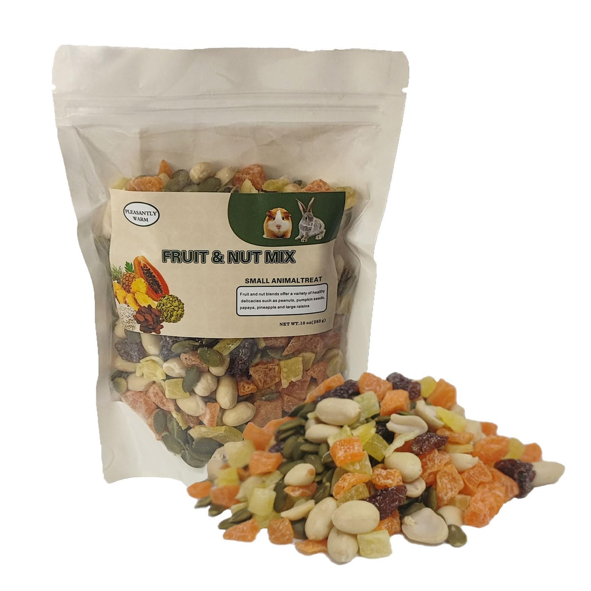 Pleasantly Warm Tropical Fruit & Nut Mix - 10oz Chinchilla Food, Suitable for Rabbits, Guinea Pigs, Sugar Gliders & Small Herbiv