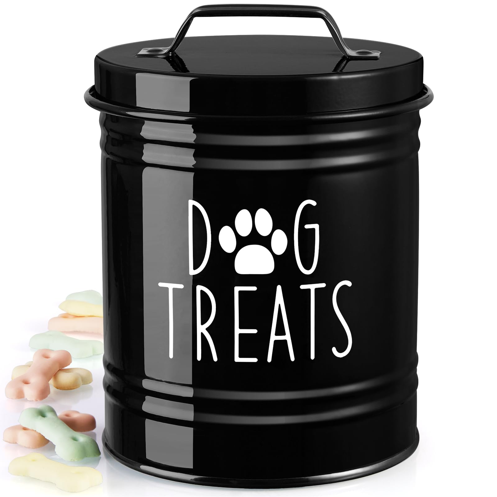 OUTNILI Small Dog Treat Container Airtight - 6 Tall X 4.9 Round Black Dog Treat Jar for Kitchen Counter - Rustic Treat Storage C