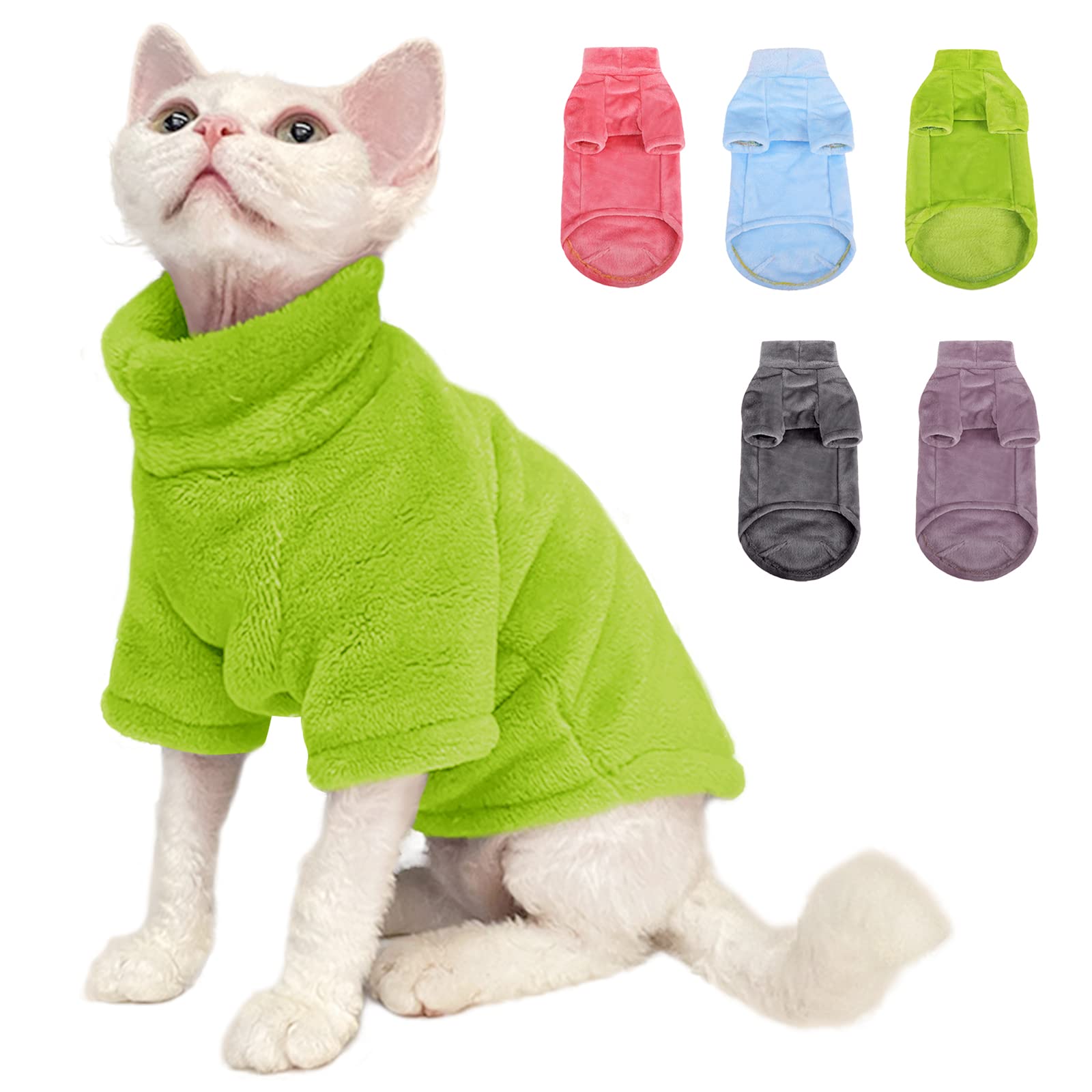 Sunfura Turtleneck Sweater Coat For Cat, Kitten Fleece Winter Pullover Vest Cat Cozy Soft Pajamas With Sleeves For Puppy Cats, Pet Warm And Jumpsuit Apparel For Cold Weather, Green S