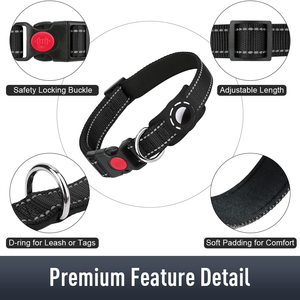 Erbine Airtag Dog Collar For Small Dogs, Reflective Dog Collars With Airtag Holder, Soft Padded & Safety Locking Buckle, Nylon Pet Collar Adjustable For All Breeds, Black