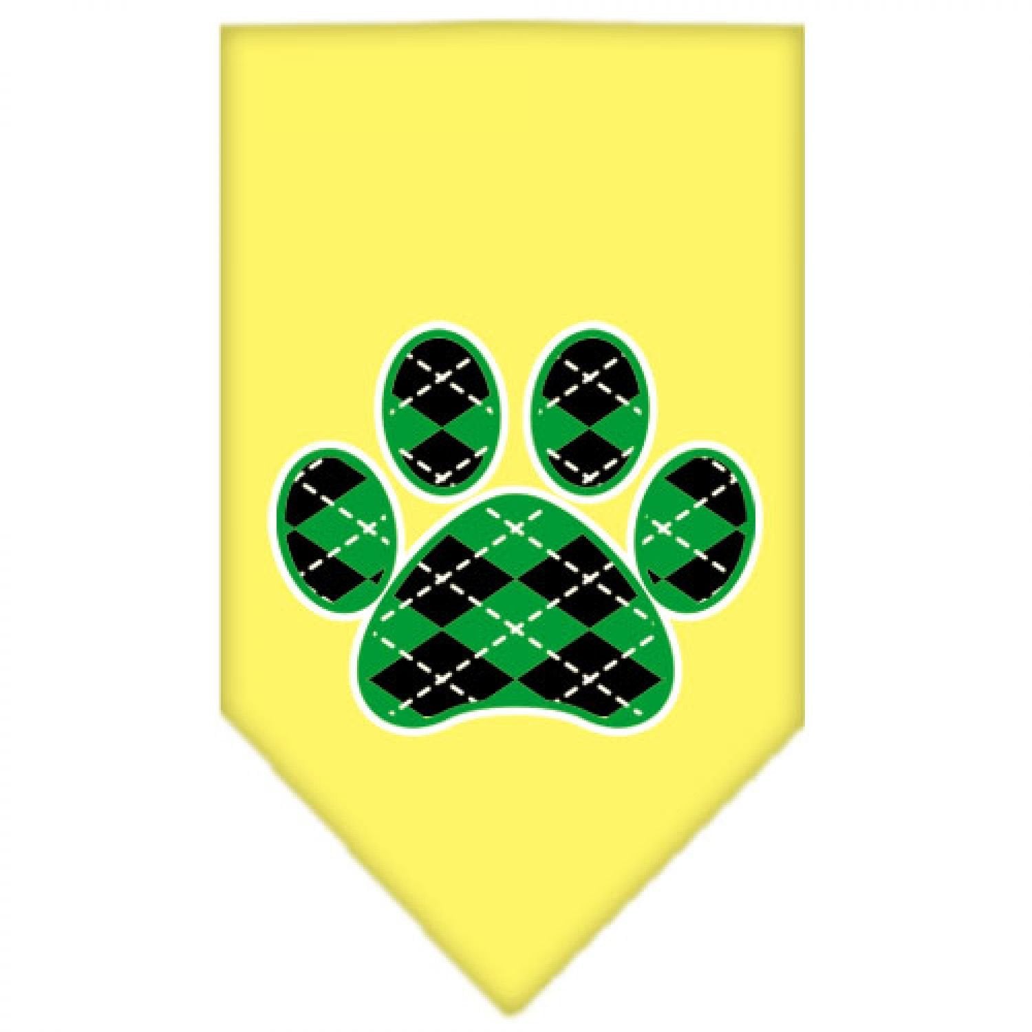 Pet and Dog Bandana Screen Printed, Green Argyle Paw Yellow Large