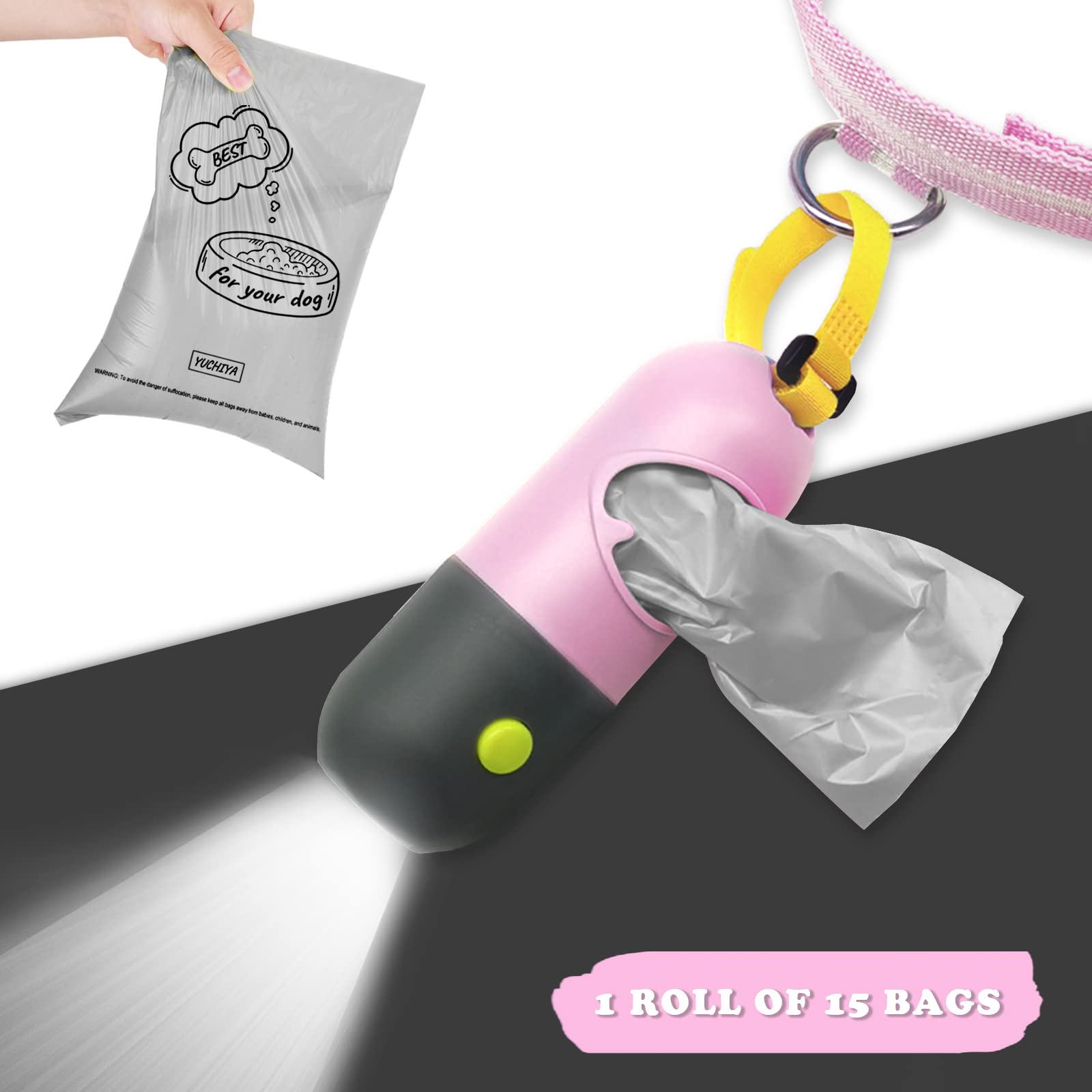 Yuchiya Dog Poop Bag Dispenser With Flashlight|Dog Poop Bag Holder With Leash Clip|Hands-Free Leash Poop Bag Holder With Straps And 1 Roll Dog Waste Bags (Pink)