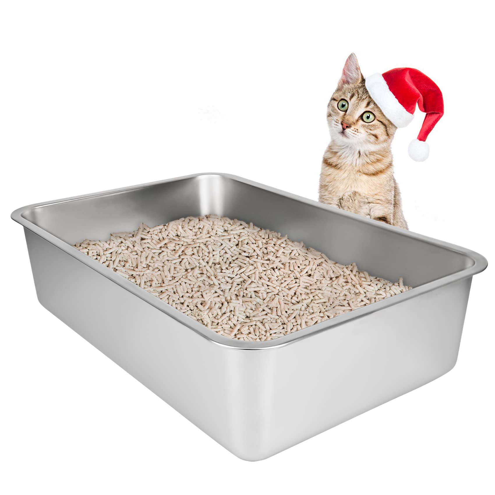 Ikitchen Stainless Steel Cat Litter Box, Large Metal Litter Box For Cats Rabbits, Never Absorbs Odors,Stain Free, Rustproof, Non Stick Smooth Surface, Anti-Slip Rubber Bottom, 19.5'L X 13.5'W X 6'H