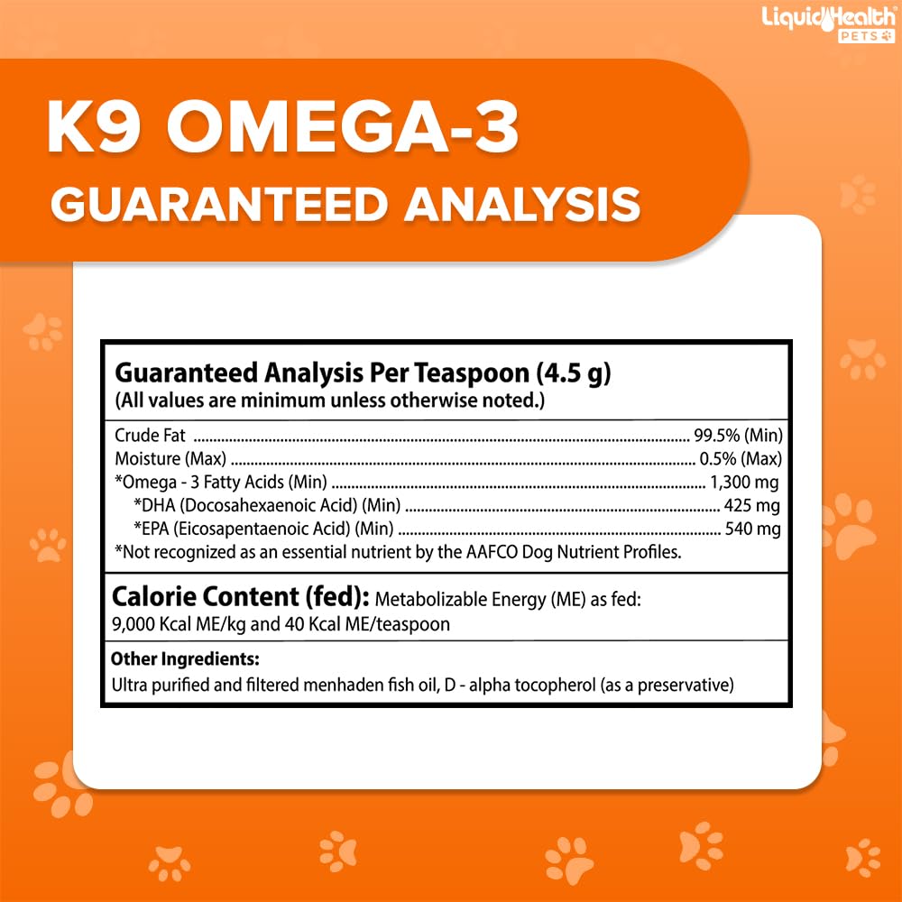 Liquid Health Pets K9 Omega 3 Fish Oil for Dogs - Liquid Omega 3 for Dogs with EPA + DPA + DHA, Dog Shedding Suplement May Reduc