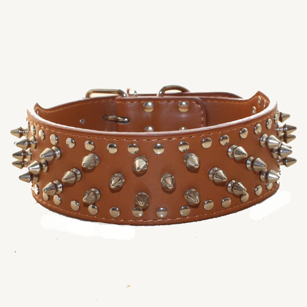 Serijoars Spiked Studded Dog Collar, Pu Leather Dog Collar, Adjustable Pet Collars For Medium Or Large Breed Pet (M, Light Brown