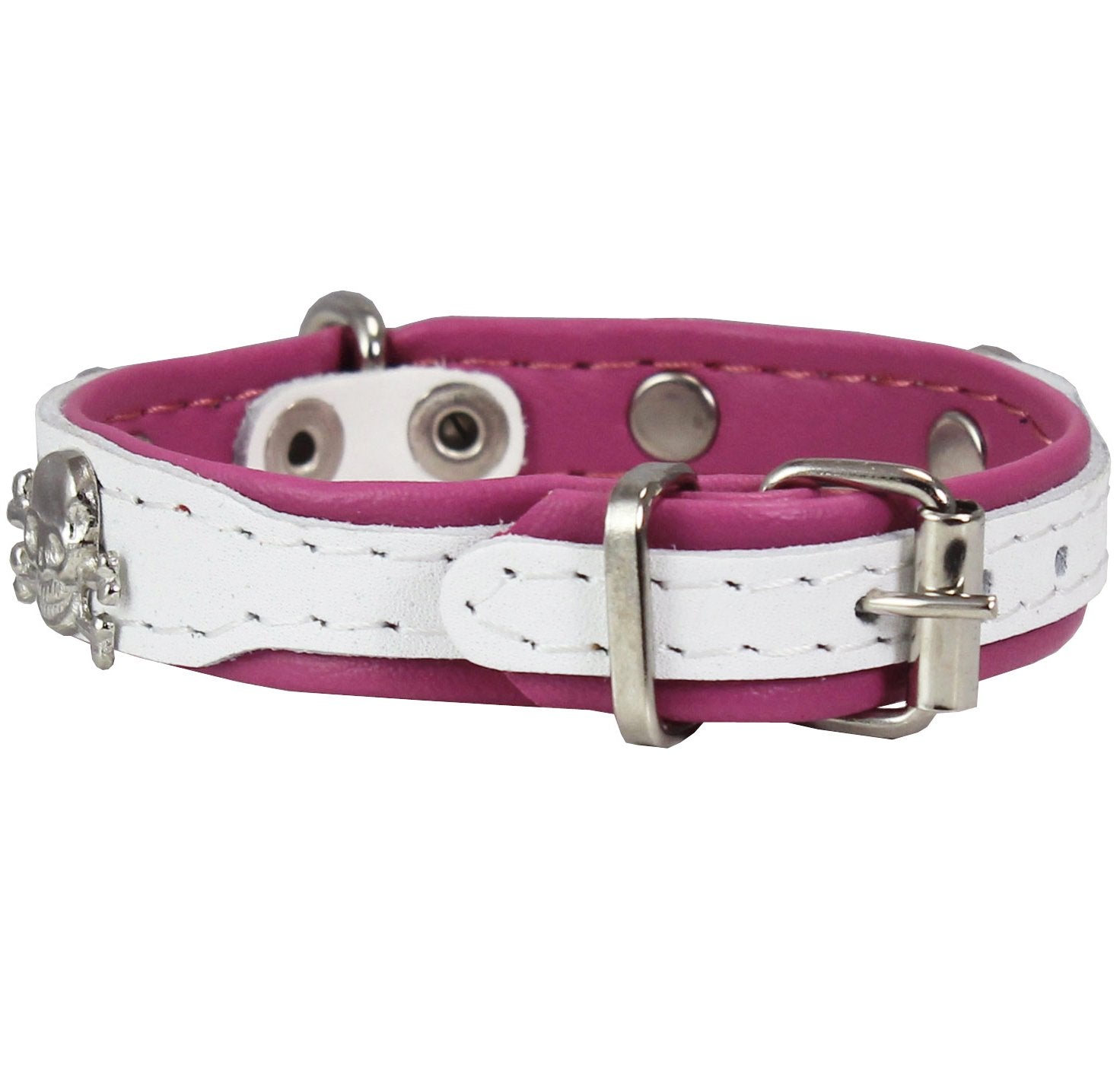 Real Leather Skull Studded Padded Dog Collar (6'-7.5' Neck; 1/2' Wide, White/Pink)