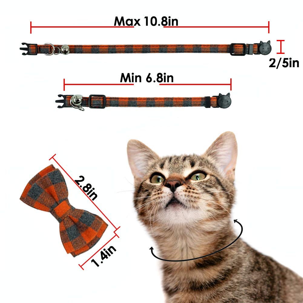 Cat Collar Breakaway With Bell And Bow Tie, Plaid Design Adjustable Safety Kitty Kitten Collars Set Of 2 Pcs (6.8-10.8In) (Green&Orange Plaid)
